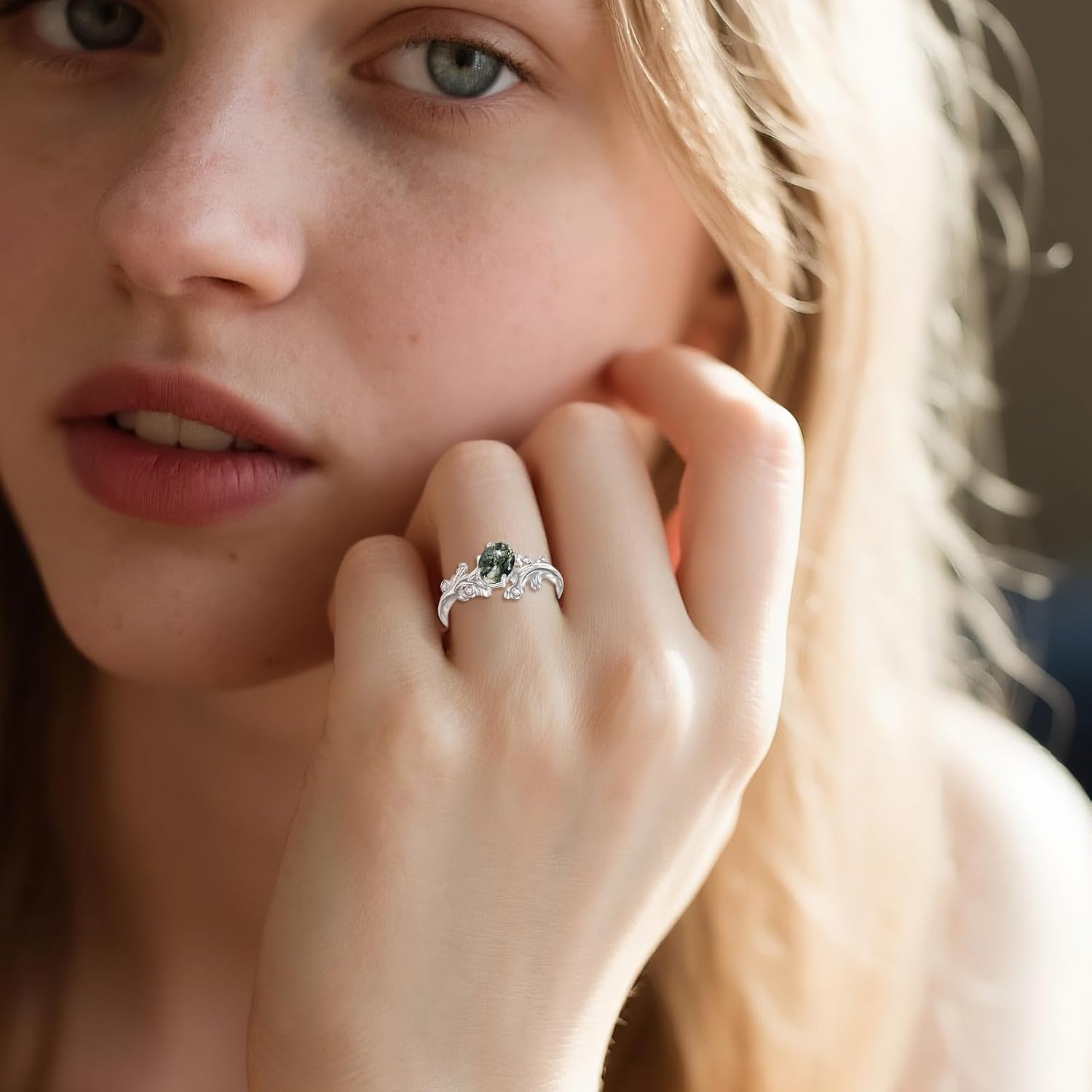 YFN 925 Sterling Silver Natural Moss Agate/Turquoise Ring Set for Women Leaf Engagement Wedding Promise Ring Jewelry Gift for Anniversary Birthday Valentine's Day Christmas