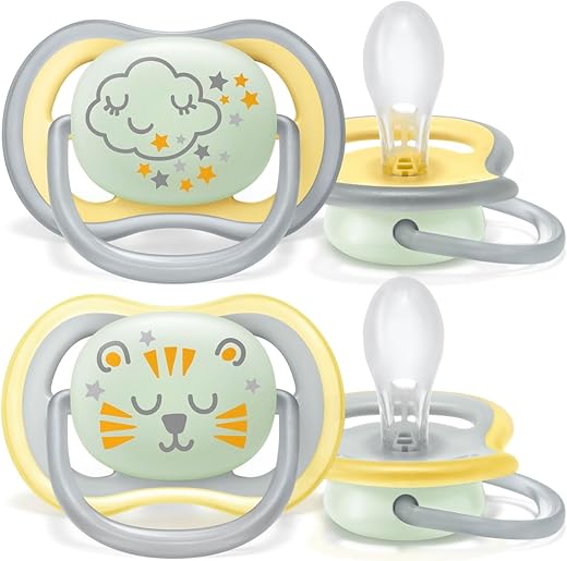 Philips Avent SCF376/01, 2 Chupetes Ultra Air, 18 meses y +, Ortodoncia y sin BPA, Brilla en la oscuridad, Patrónes nube y animal