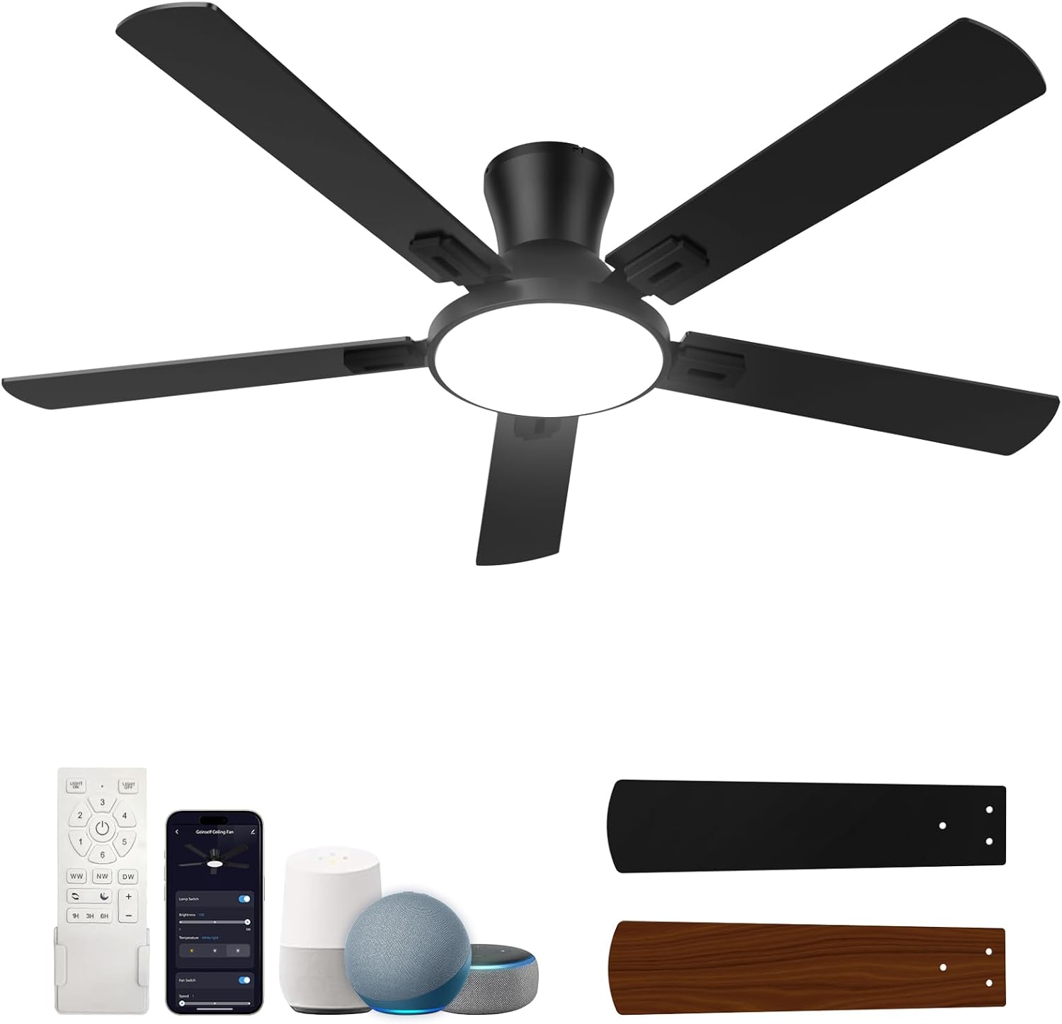52 Inch Ceiling Fans with Lights and Remote, Smart Ceiling Fan Works with Alexa, Flush Mount Low Profile Ceiling Fan with Light for Bedroom Living Room, Quiet Reversible DC Motor, 3CCT Dimmable LED