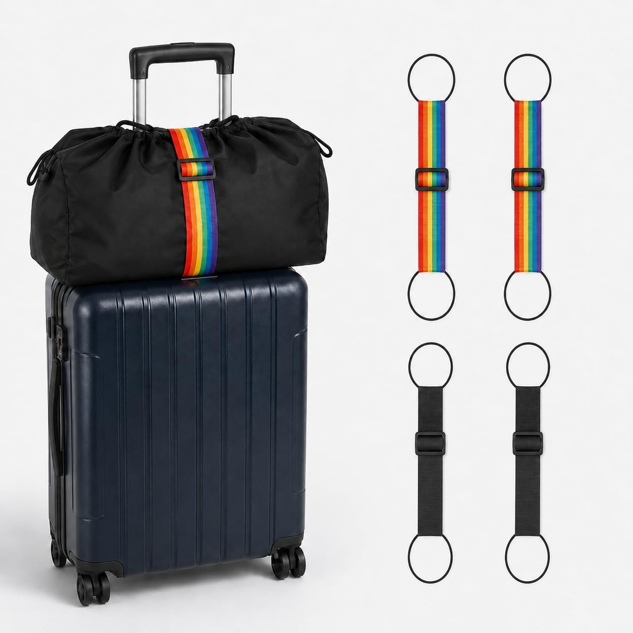 4Pcs Rainbow Black Adjustable Elastic Luggage Connector Straps for Multiple Suitcases, Multi-Functional Travel Suitcase Belts for Luggage Fixing & Item Organization