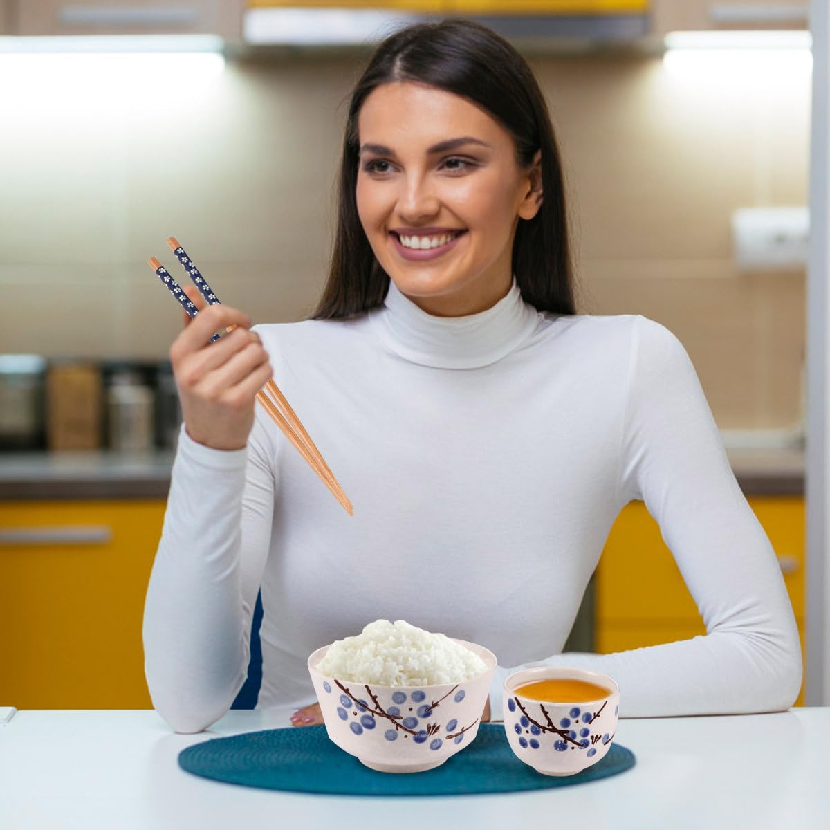 Assiette Vaisselle Pratique Cuillère Bol et Tasse en Céramique et Bois Service de Table Japonerie 6 Pièces Baguettes Personne