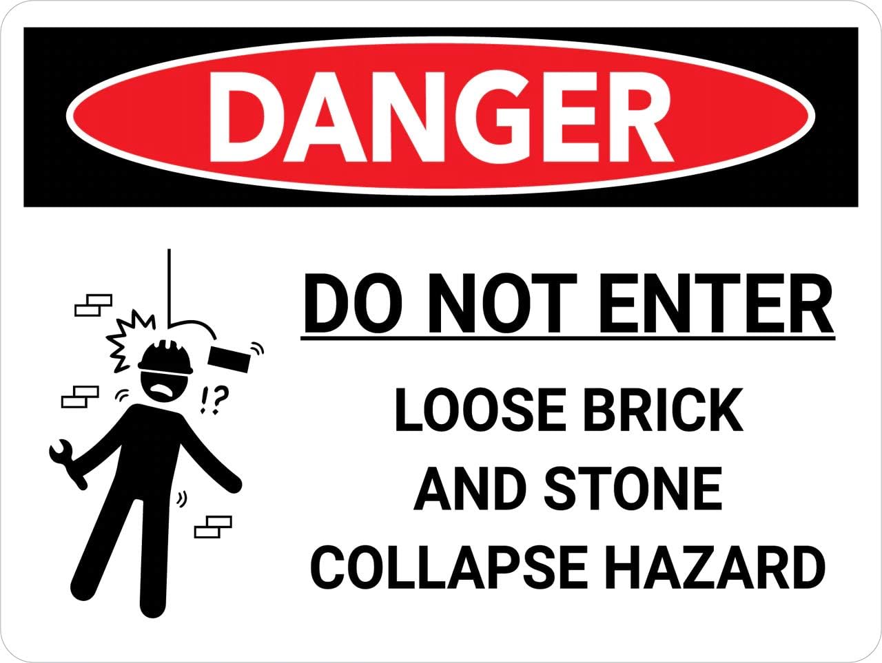 Do Not Enter Loose Brick Stone Collapse Hazard Landscape with Icon - Wall Sign | PVC Waterproof Sticker|Size: 160mm X 100mm