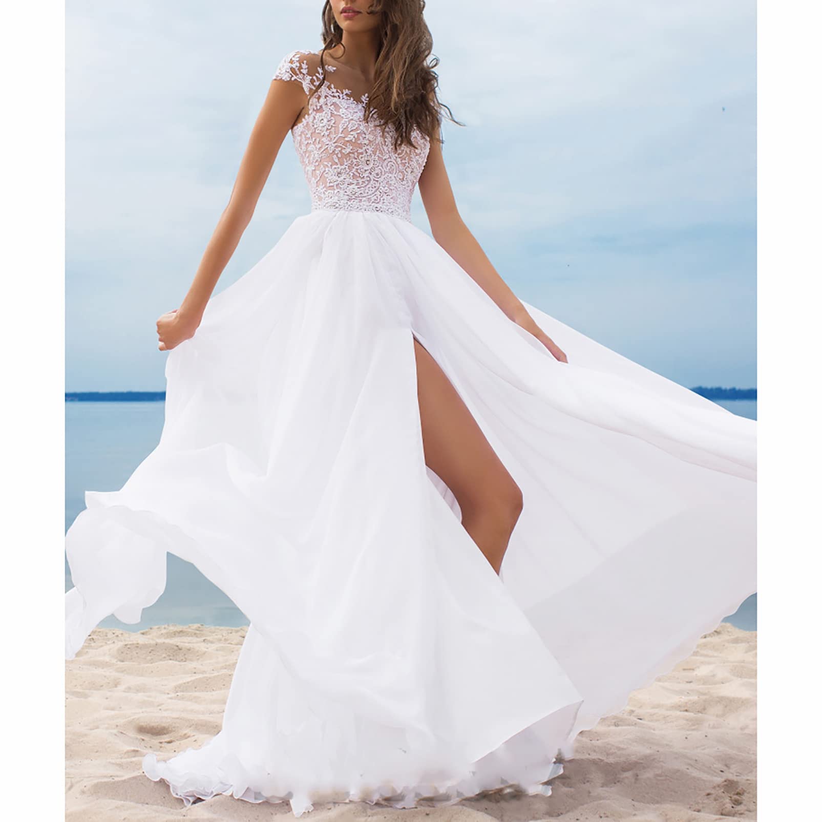 CUTTE Sommer Chiffon Hochzeitsgast Kleid Spitze Boho Brautkleider für Frauen Abend Ballkleider Maxi Schlitz Brautjungfernkleid Kleider mit Schlitz