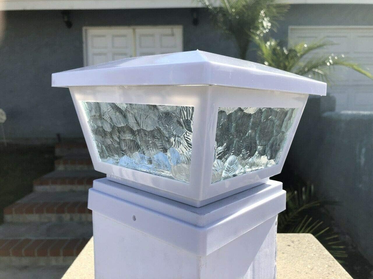 6-pcs Solar Post Cap Lights with Pebbled Print Glass Frames and 2 Ultra Bright SMD LEDs w/Optional Wall Mount 6x6 5x5 or 4x4 Base adapters (White, 4x4)