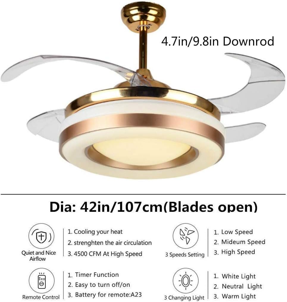 Nеw Dеаl Southerns Lighting 42 Invisible Reversible Ceiling Fan with Light and Remote, 4 Retractable Brown Blades Fan Chandeliers for Bedroom Livingroom, Indoor Ceiling Light Kits with Fans (42 Inch, Gold-05)