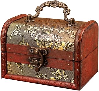Vintage Wooden Embossed Flower Pattern Jewelry Storage Box Trinket Keepsake Chest with Mini Metal Lock Treasure Organizer Box