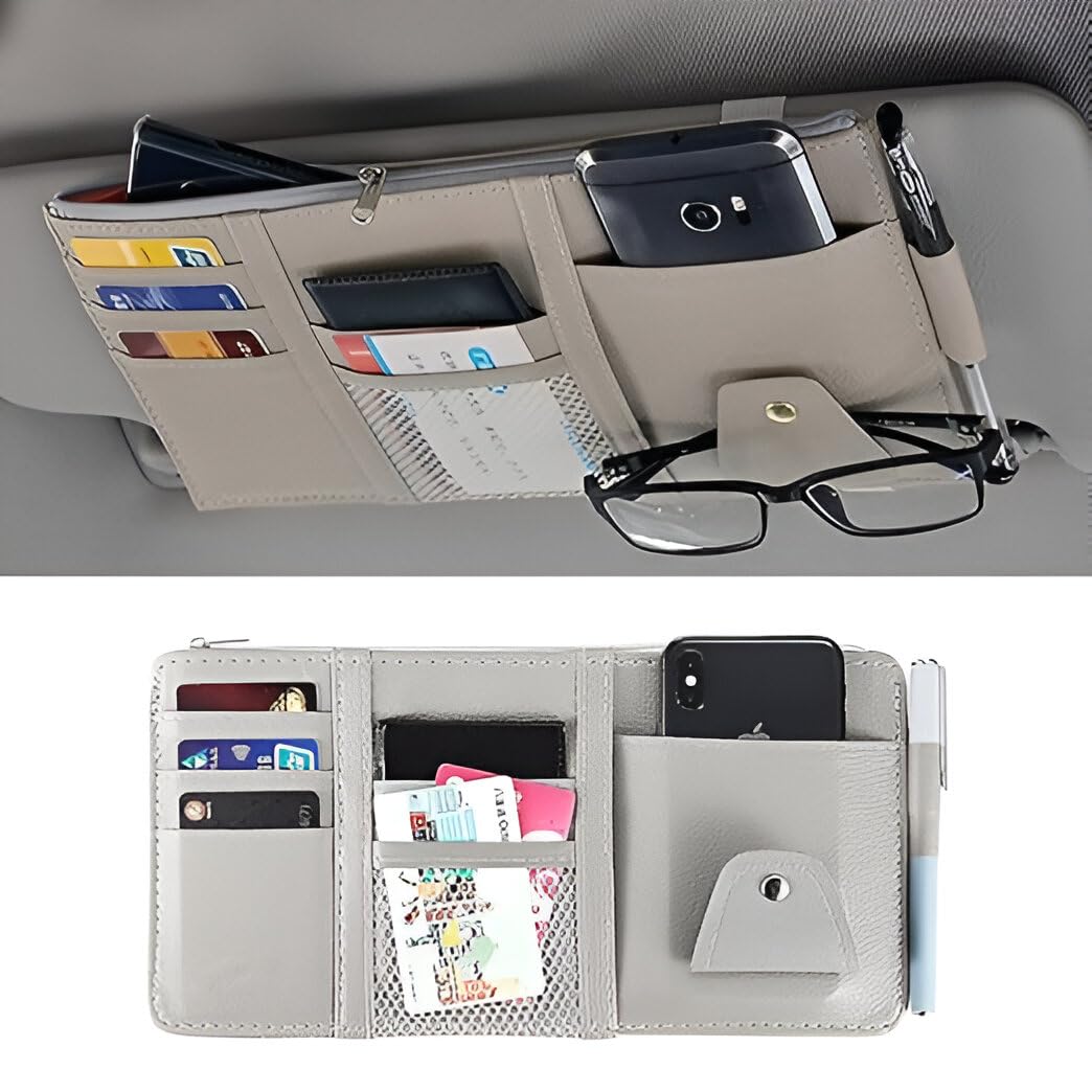 Car Visor Organizer with Zipper – PU Leather Sun Visor Pouch for Cards, Sunglasses, Pens & Small Documents – Car Storage Accessory with Mesh Pockets
