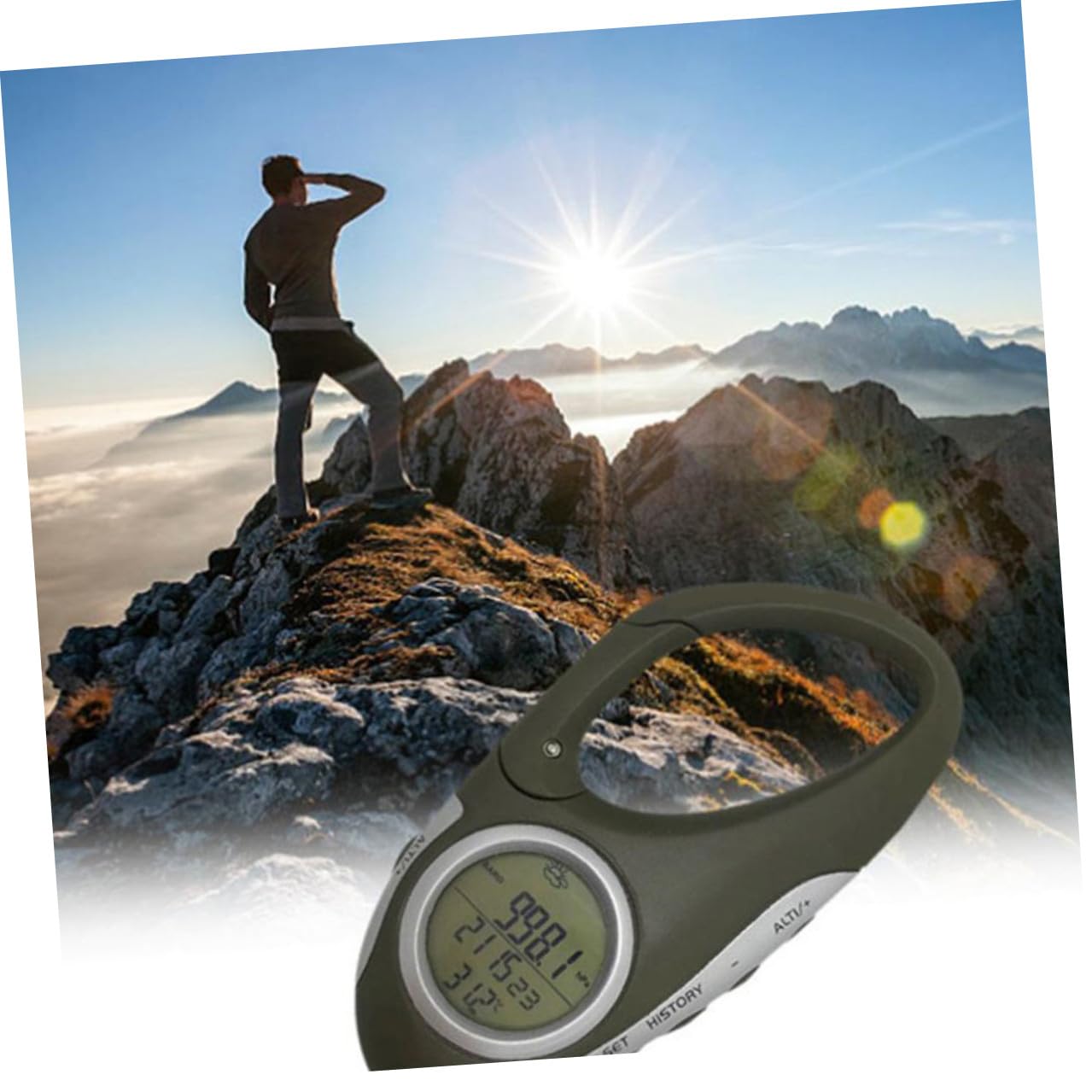 Tragbarer Handheld Höhenmesser mit Barometer und Thermometer Leichter Karabiner für Bergsteigen und Wandern Wettervorhersagend Praktisches Outdoor Gadget für Wanderer