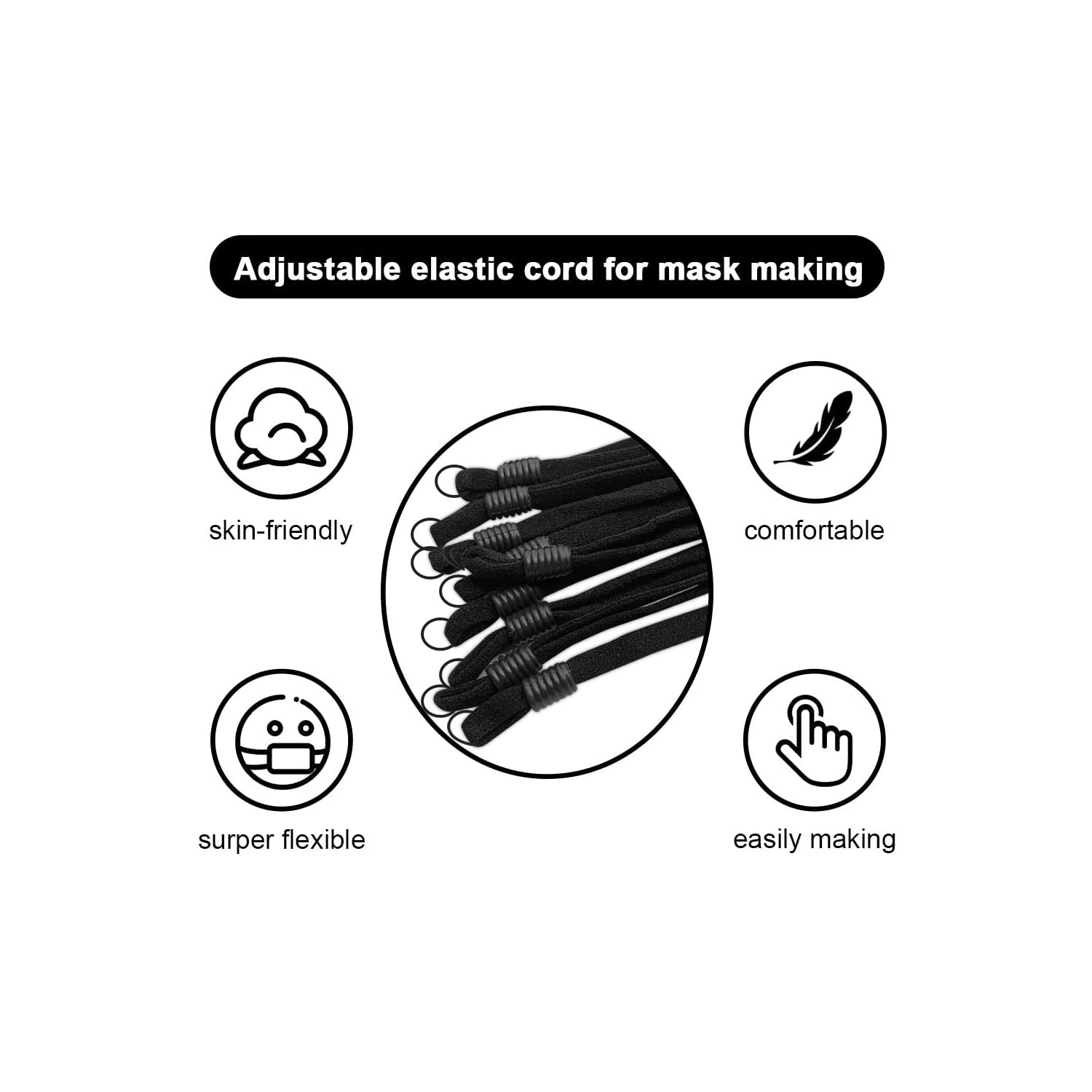 Aakriti Elastic Band Cord with Adjustable Buckle Stretchy Earloop Lanyard Earmuff Rope Sewing Elastic Cord with Adjustable Flat Buckles for DIY Craft and Mask Making (Black, 100) 1