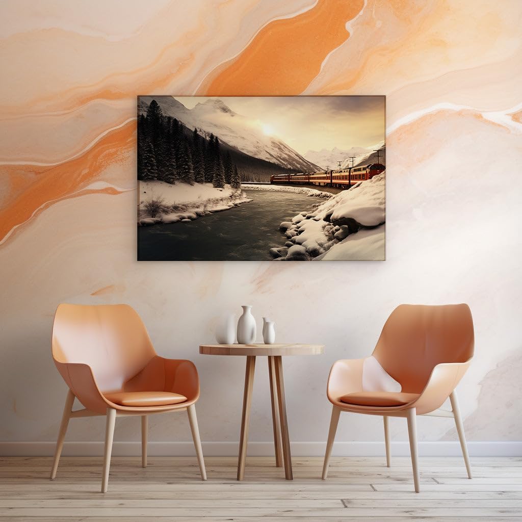 Canvas for Living room. Golden Rails Beside Crystal Waters: A Vintage Journey Through Winter's Splendor, 27 x 18 inch Canvas Wall Art - Retro Home Decor - 69x46 cm (27x18 inch)