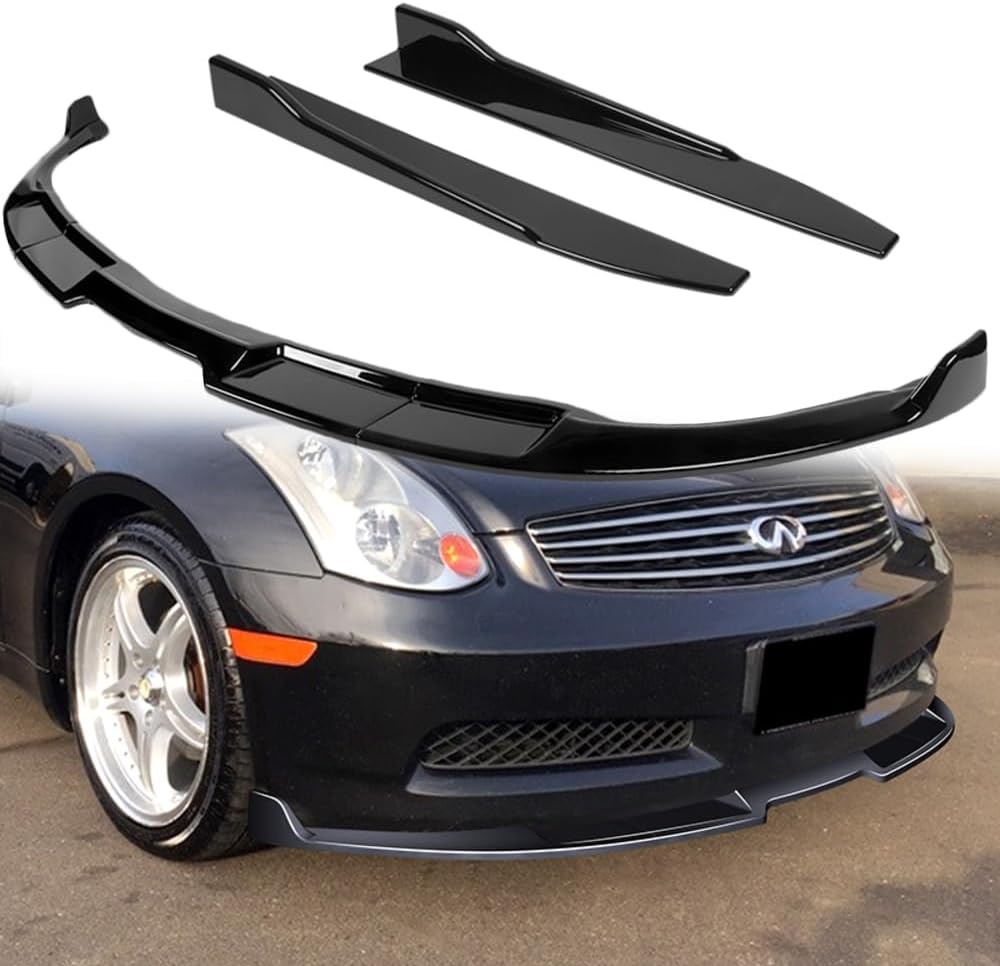 Q1-TECH, 5-Piece Front Bumper Lip + Side Skirt Rocker Winglet Canard Diffuser Wing Compatible with 2003-2007 Infiniti G35 Coupe / 2-Door, Front Bumper Lip Spoiler Body Splitter (Matt Black)