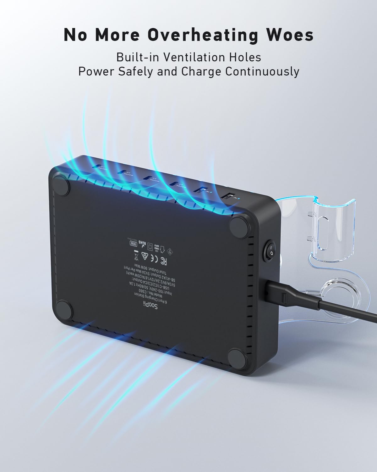 SooPii Stacja ładująca 90 W do wielu urządzeń, 6-portowa Multi USB C stacja ładująca z 6 mieszanymi krótkimi kablami, stacja ładująca PD 20 W do telefonów LPhone, Galaxy, iPad, tabletów i innych