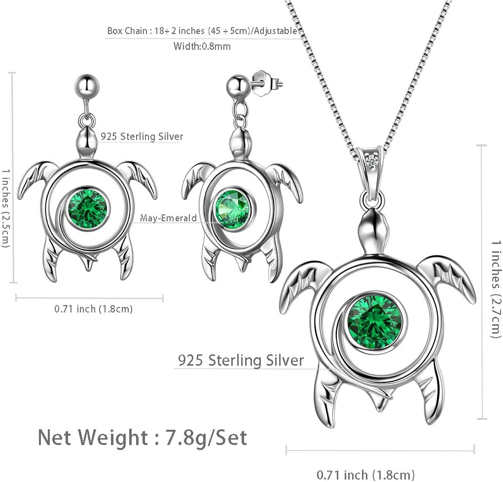 Aurora Tears Turtle Necklace/Earrings/Ring Set Celtic Spiral 925 Sterling Silver Sea Animal Viking Swirls Turtle Jewelry Sets Women Birthstone Ancient Symbol Crystal Cute Jewellery