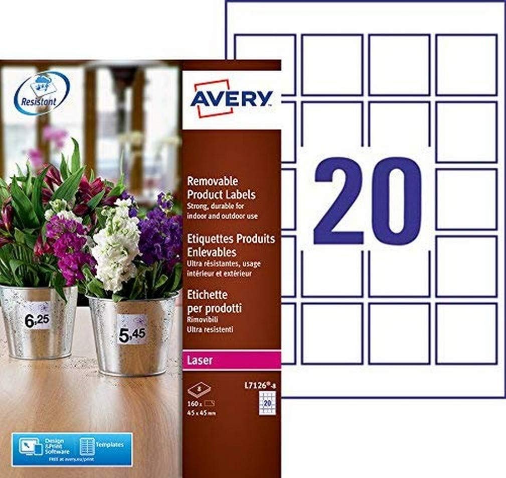 Avery Removable Adhesive Labels – White Packaging: 8 Sheets 45 x 45 mm White