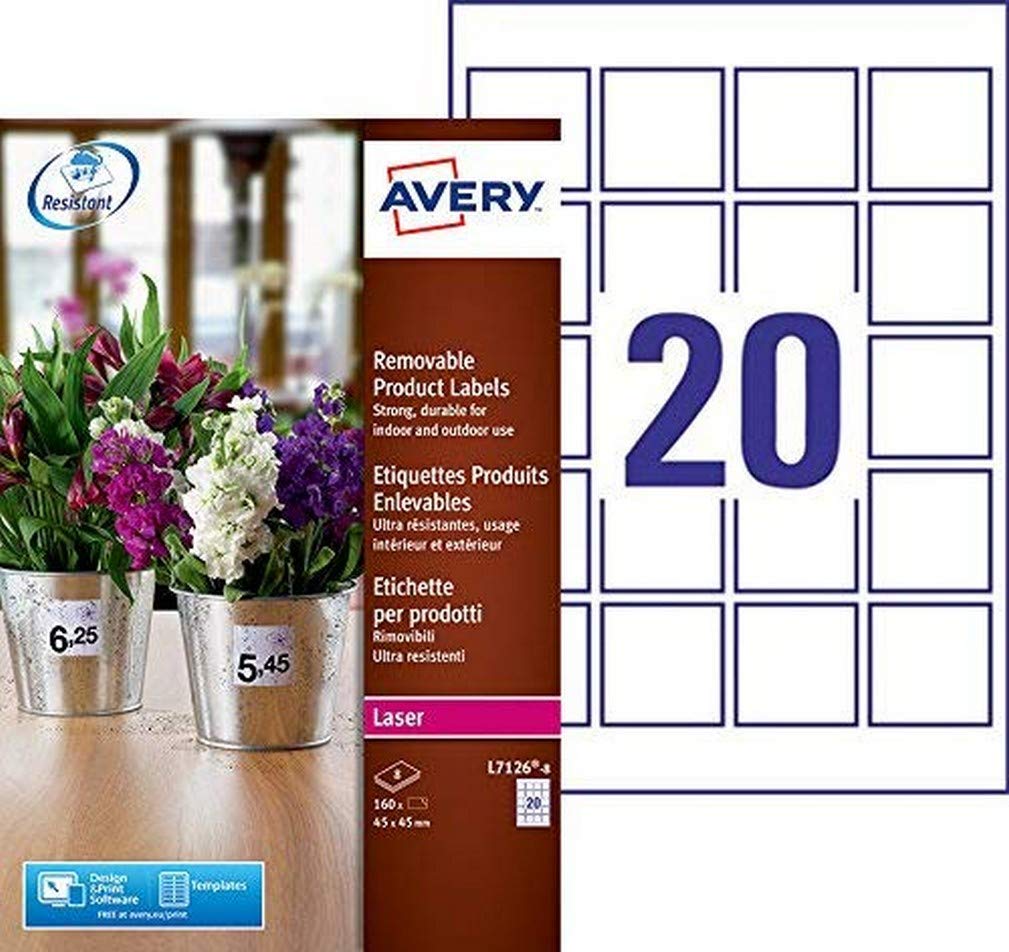 Avery Zdejmowane etykiety samoprzylepne – białe opakowanie: 8 arkuszy 45 x 45 mm białe