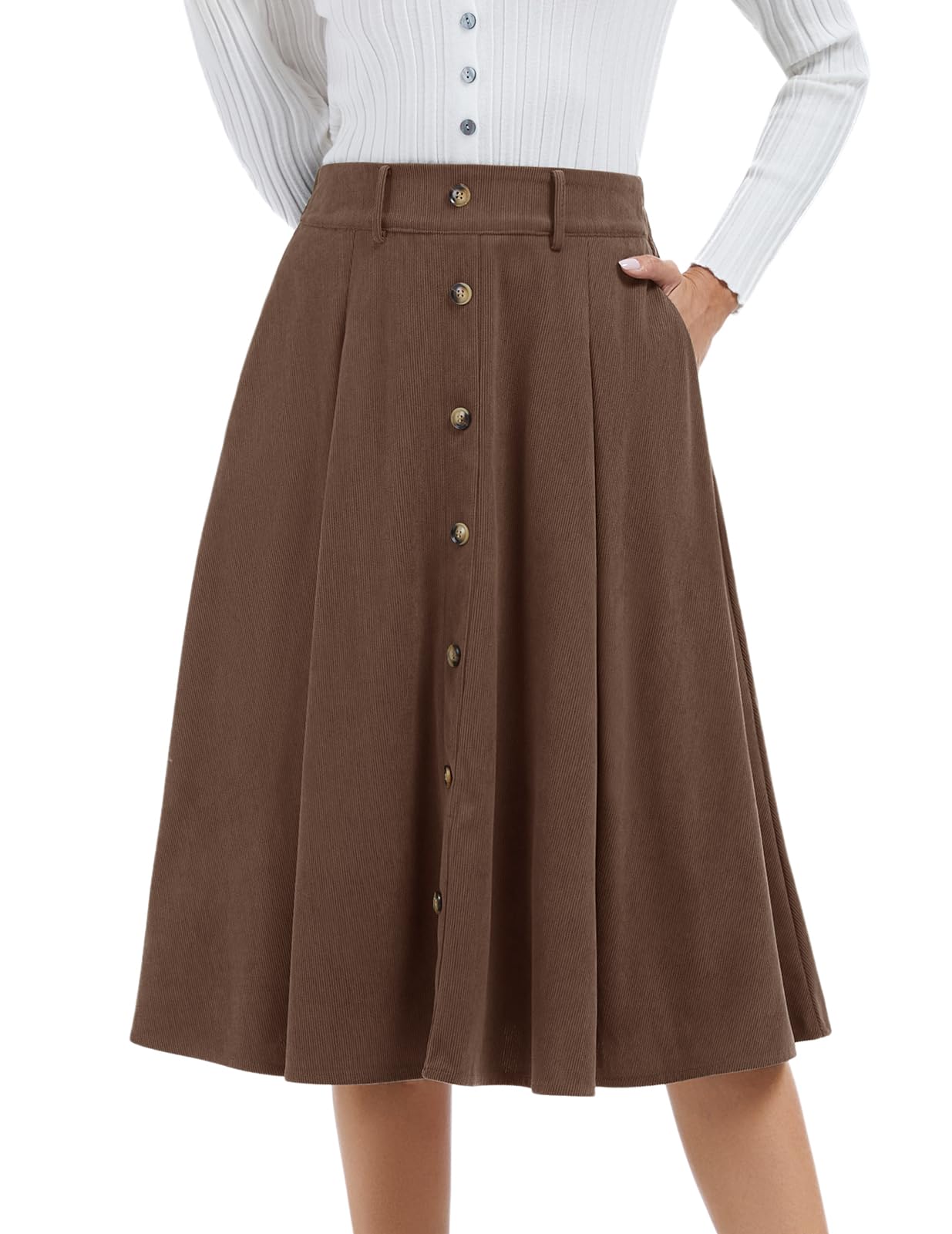 Bbonlinedress Falda midi de pana para mujer, cintura alta, longitud al té, falda para otoño e invierno