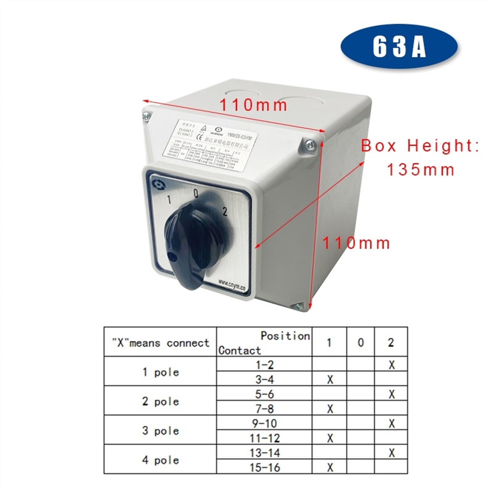 YMW26 LW26-63/4M Commutatore Cam Switch 63A 4 Poli Posizione Opzionale Custodia Impermeabile Interruttori Elettrici (Color : 102)