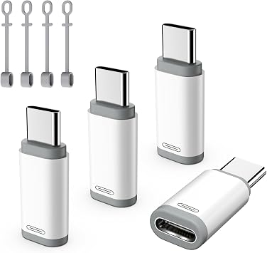 محول TiMOVO Lightning Female إلى USB C Male، 4 عبوات من محول USB C إلى Lightning يدعم الشحن ومزامنة البيانات مع حلقة مضادة للضياع لهاتف iPhone 17/16 Pro Max Plus، iPad Pro/Air، غير مخصص للصوت/OTG، أبيض