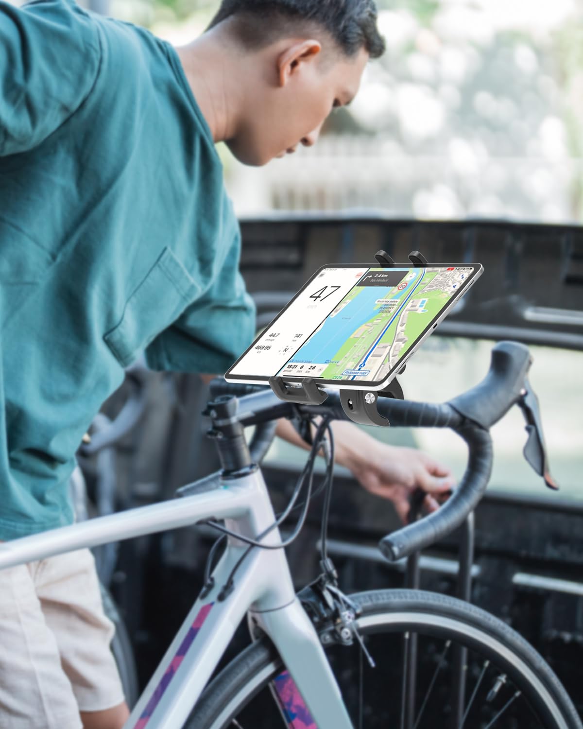 Supporto per tablet da manubrio, per scooter elettrico/mountain bike, passeggino/barca, supporto per tablet da 4 a 12,9 pollici, per cellulare e tablet, iPad Pro/Air/Mini, Galaxy, iPhone