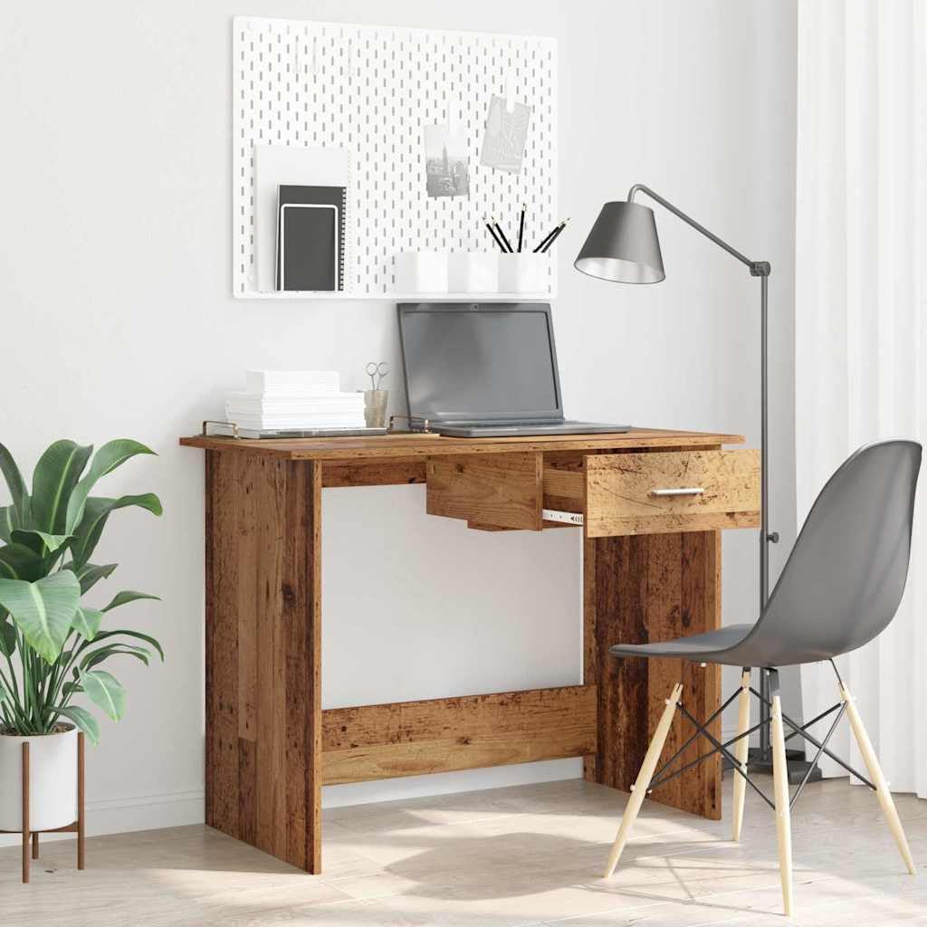 Escritorio de madera recuperada de 100 x 50 x 76 cm con cajón, ahorra espacio para oficina en casa, oficina y habitación juvenil, ergonómico y versátil como espacio de trabajo para ordenador
