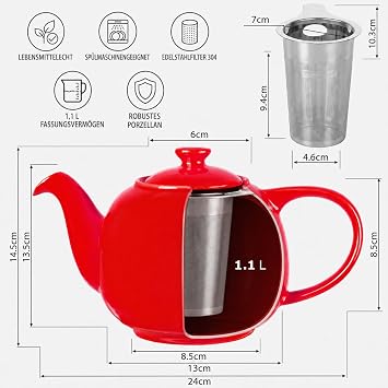 URBAN LIFESTYLE Swansea Teapot with Strainer Insert Porcelain Red Teapot 1 Litre with Strainer for Loose Tea Drip-Free Dishwasher Safe