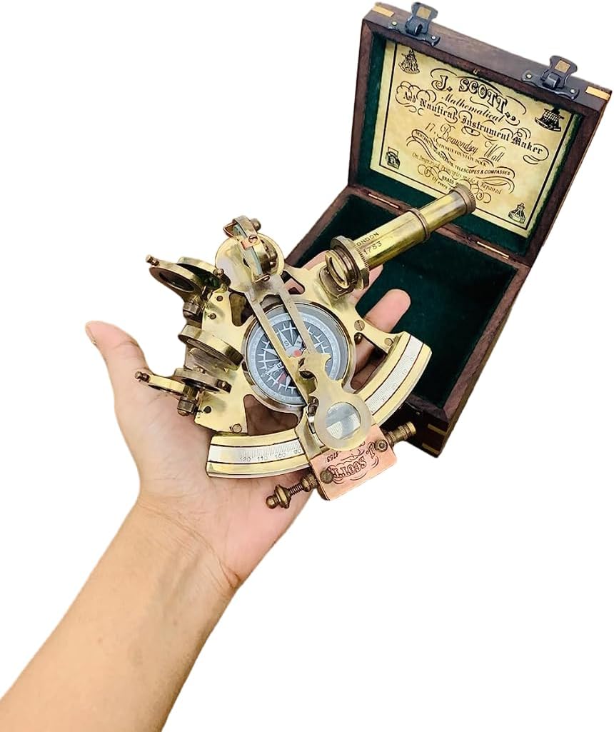 Nautical Handmade Brass Sextant with Inbuilt Compass in Wooden Box Marine Astrolabe Model Sextant