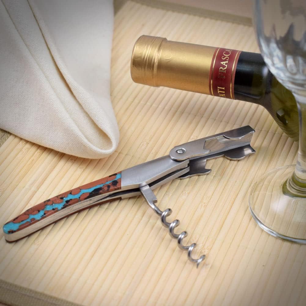 Gemstone Waiter's Knife and Corkscrew Pocket Tool: Vein Turquoise Stone