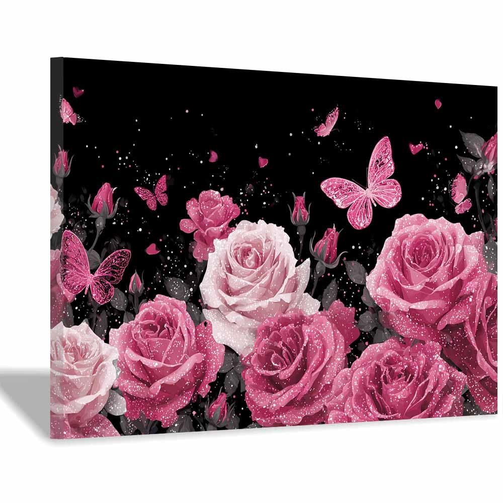 ZAMAEIU Landscape Canvas Painting Rosess Bushes Wall Decor, Modern Artwork, For Bedroom Living Room Bathroom Home Office Room Decorations(pink)-70x100cm Framed