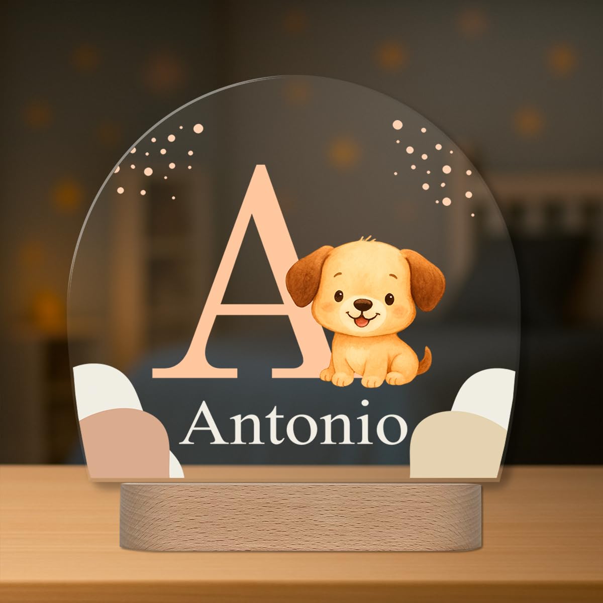 Lámpara Infantil Personalizada con Nombre e Inicial - Lámpara Quitamiedos con Luz LED - Regalo Original para Bebé, Bautizo, Cumpleaños (Perro)