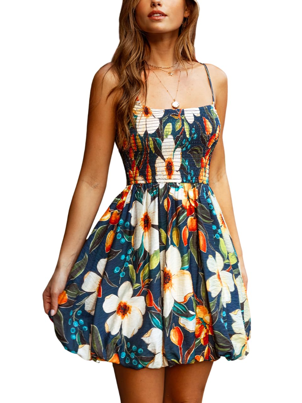 CUPSHE Damen Sommerkleid Blumenmuster Boho Kleid Bubble Saum Ärmellos Minikleid Eckigem Ausschnitt Elegant Kleid Partykleid Strandkleid