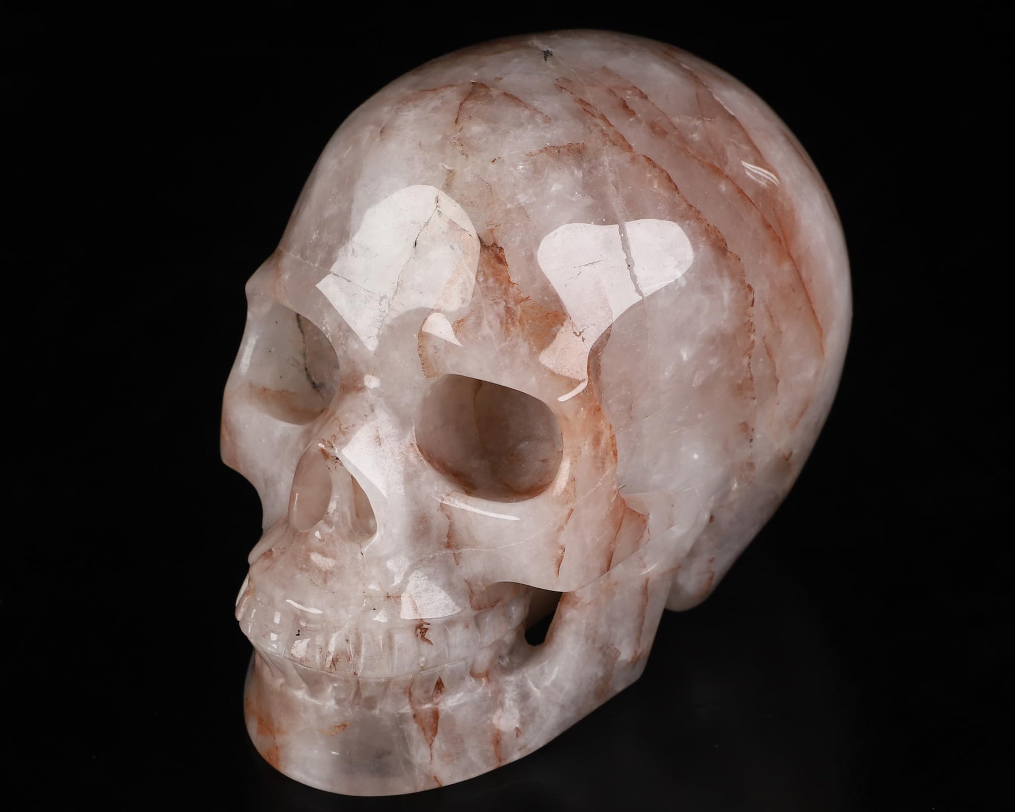 Skullis 12,7 cm Feuerquarz-Kristall-Schädel, handgeschnitzter Edelstein, Kunst-Skulptur, Reiki-Heilsteinstatue.