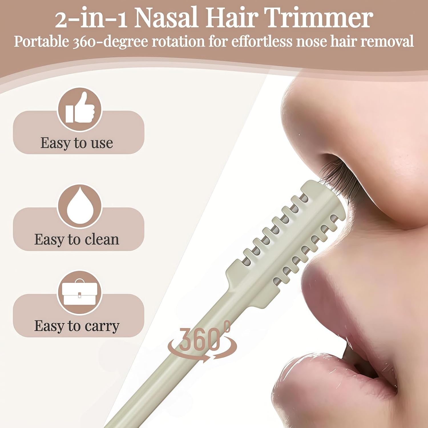 2026 Upgraded 2-in-1 Nasal Hair Cutter, 360° Rotating Double-Sided Blade, Washable Portable Grooming Tool for Men & Women, Travel Essential, (Beige-3Pack)