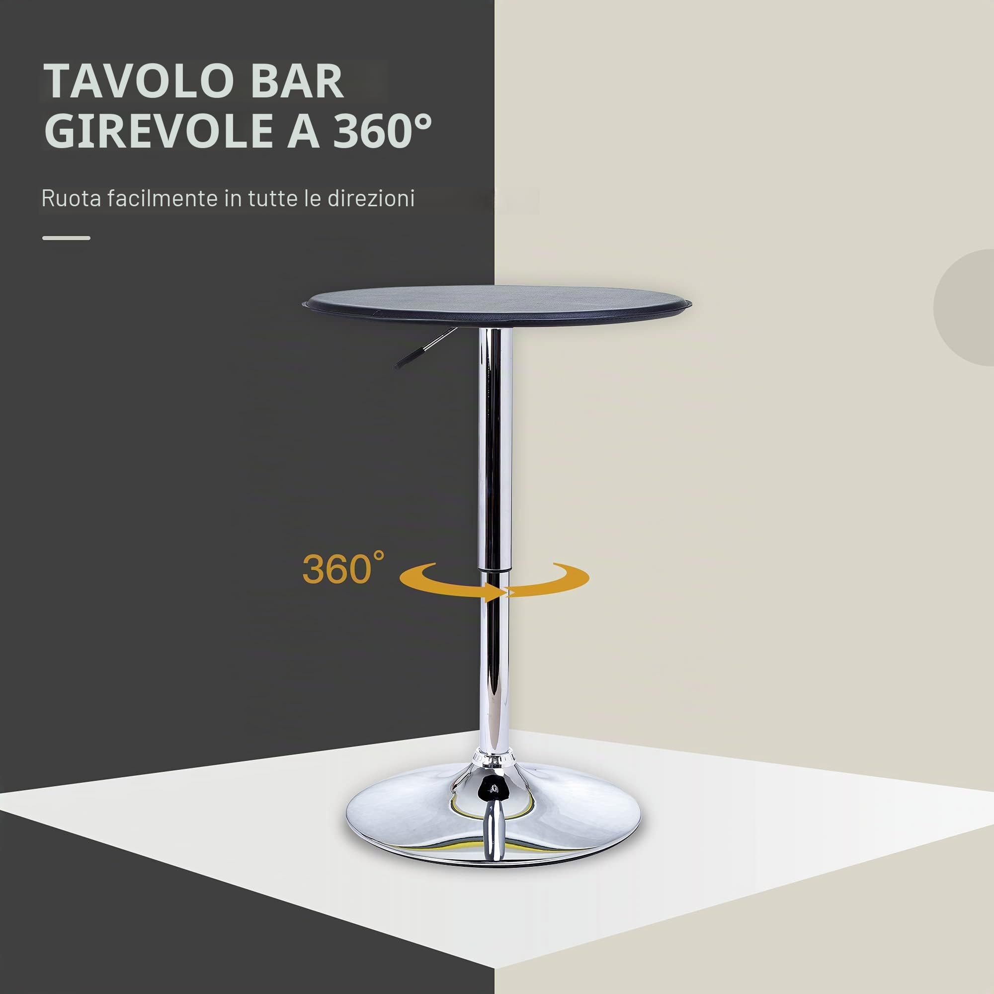 HOMCOM Tavolino da Bar Cromato, Regolabile in Altezza (67-93cm) con Sistema Lift Up, Piano Rotondo (Φ63cm) Girevole 360°