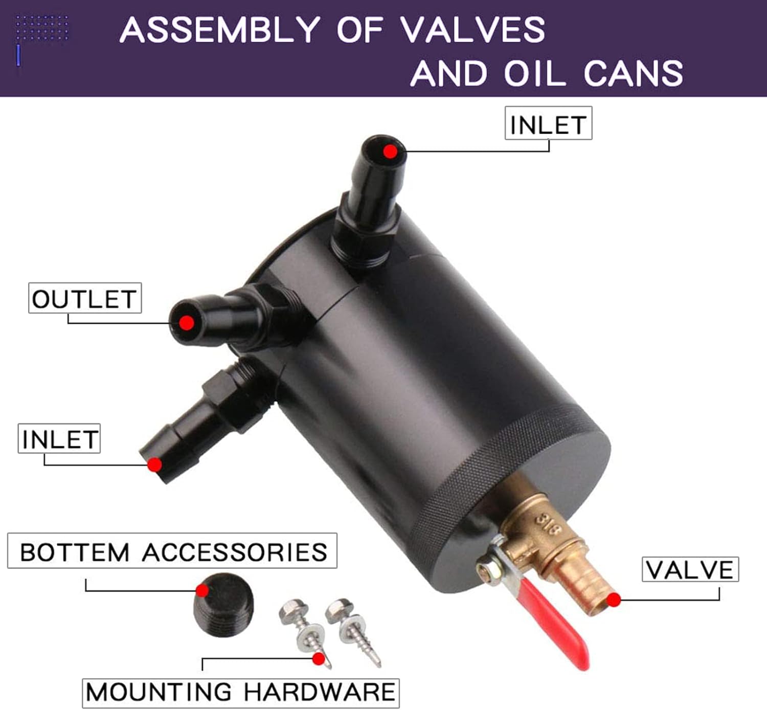 Unifizz Compact Black Baffled 3-Port Oil Catch Can+ 0.41'' 10.3mm Oil Drain Cock Valve, 2 Inlets 1 Outlet