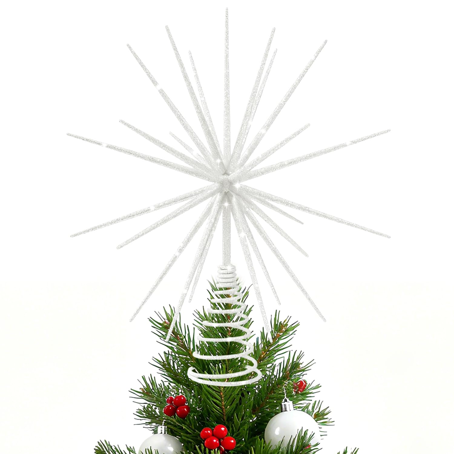 13.7 Inch White Christmas Tree Topper - 3D Burst Black Tree Topper, Exploding Star Christmas Tree Decorations