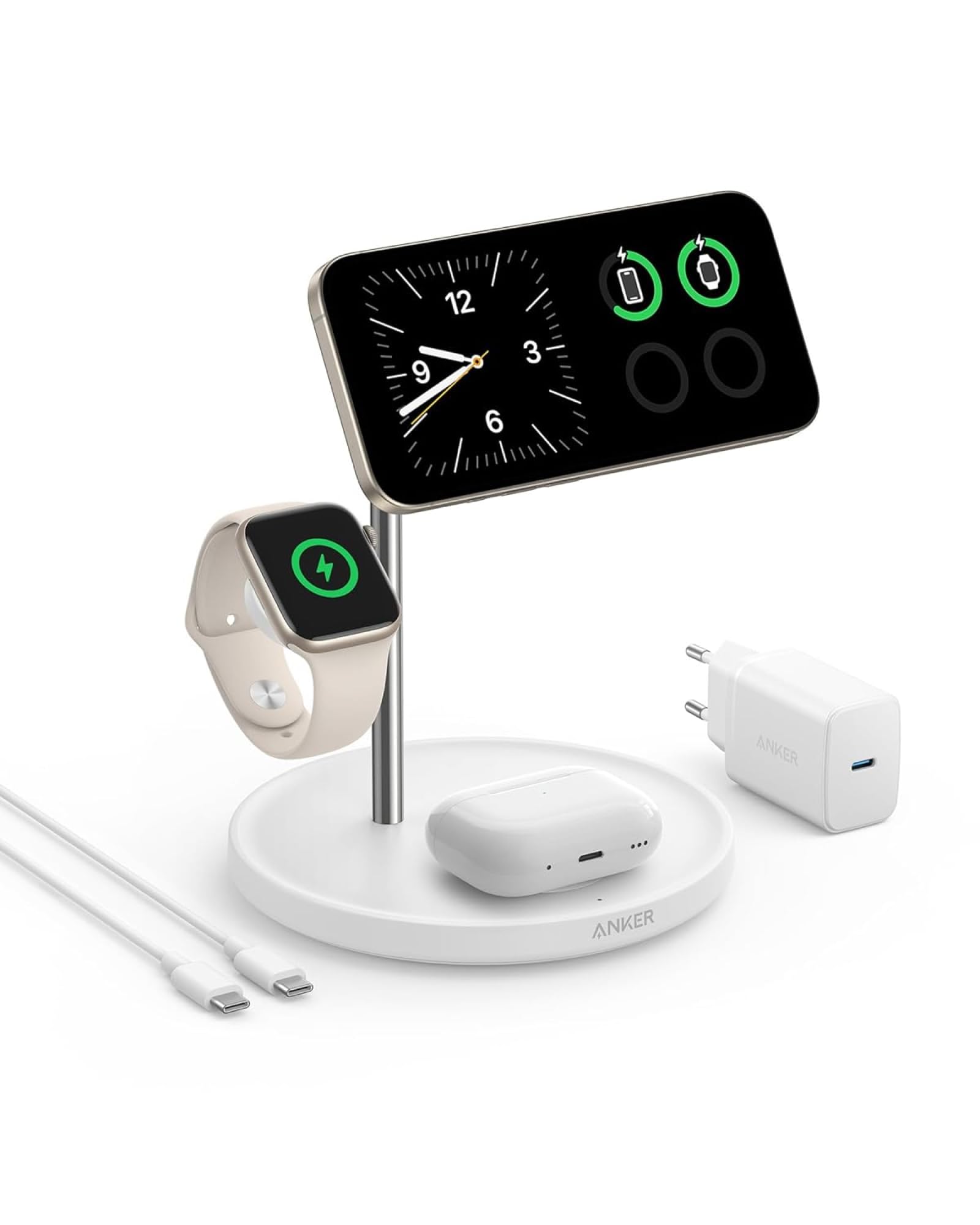 Anker MagGo 3-in-1 Kabellose Ladestation, 15W kabelloser Ladeständer, MagSafe-kompatibel, Qi2-zertifiziert, für iPhone 16/15/14/13 Serie, AirPods Pro, Apple Watch Ultra (Mit USB-C Netzteil und Kabel)