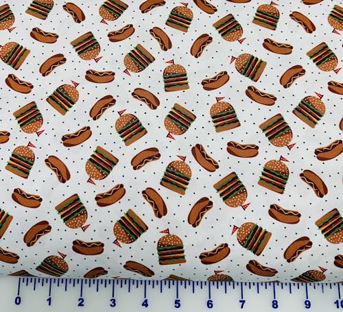 Generic Cotton Fabric Benartex Chillin & Grillin BBQ Hot Dogs and Burgers 14360-09 Fabric by The Yard, White