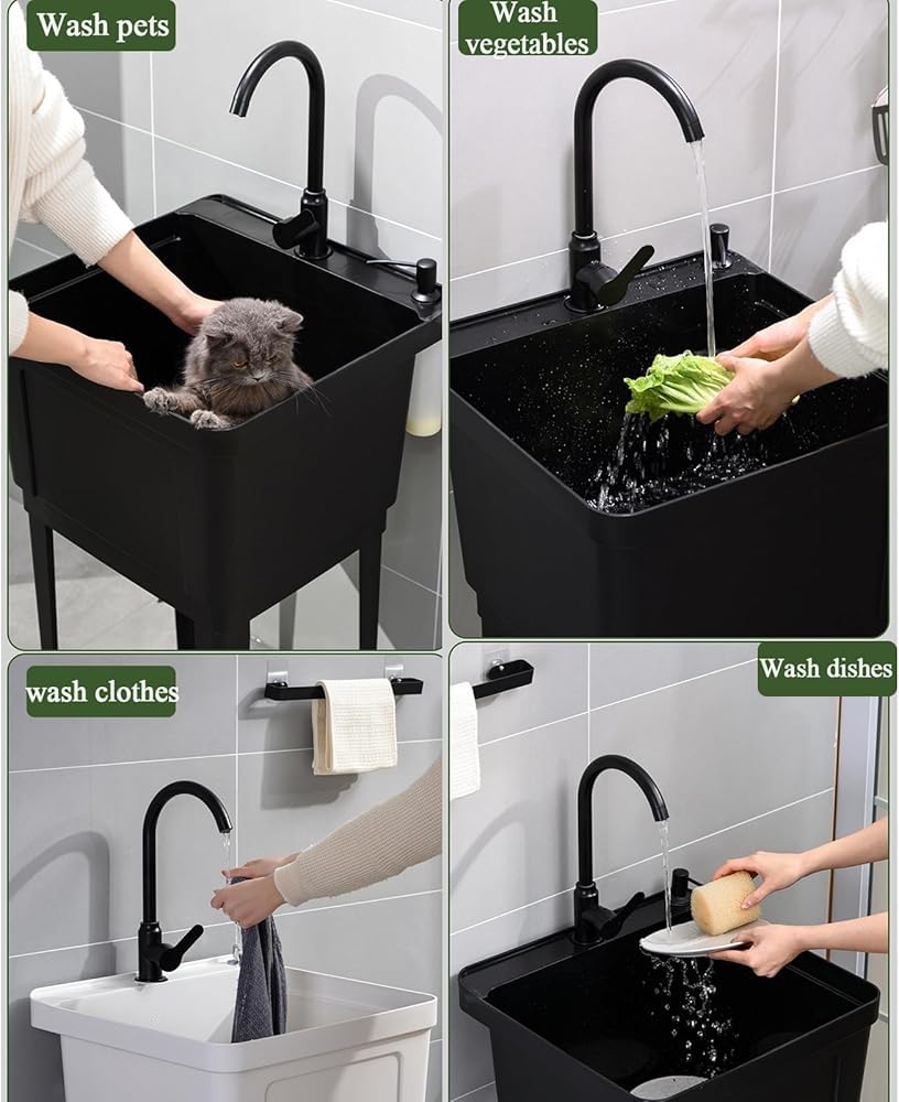 Lavandino autoportante in plastica resistente con rubinetto girevole e dispenser di sapone, grande stazione di lavaggio e drenaggio per lavanderia, cantina, garage (colore: bianco)