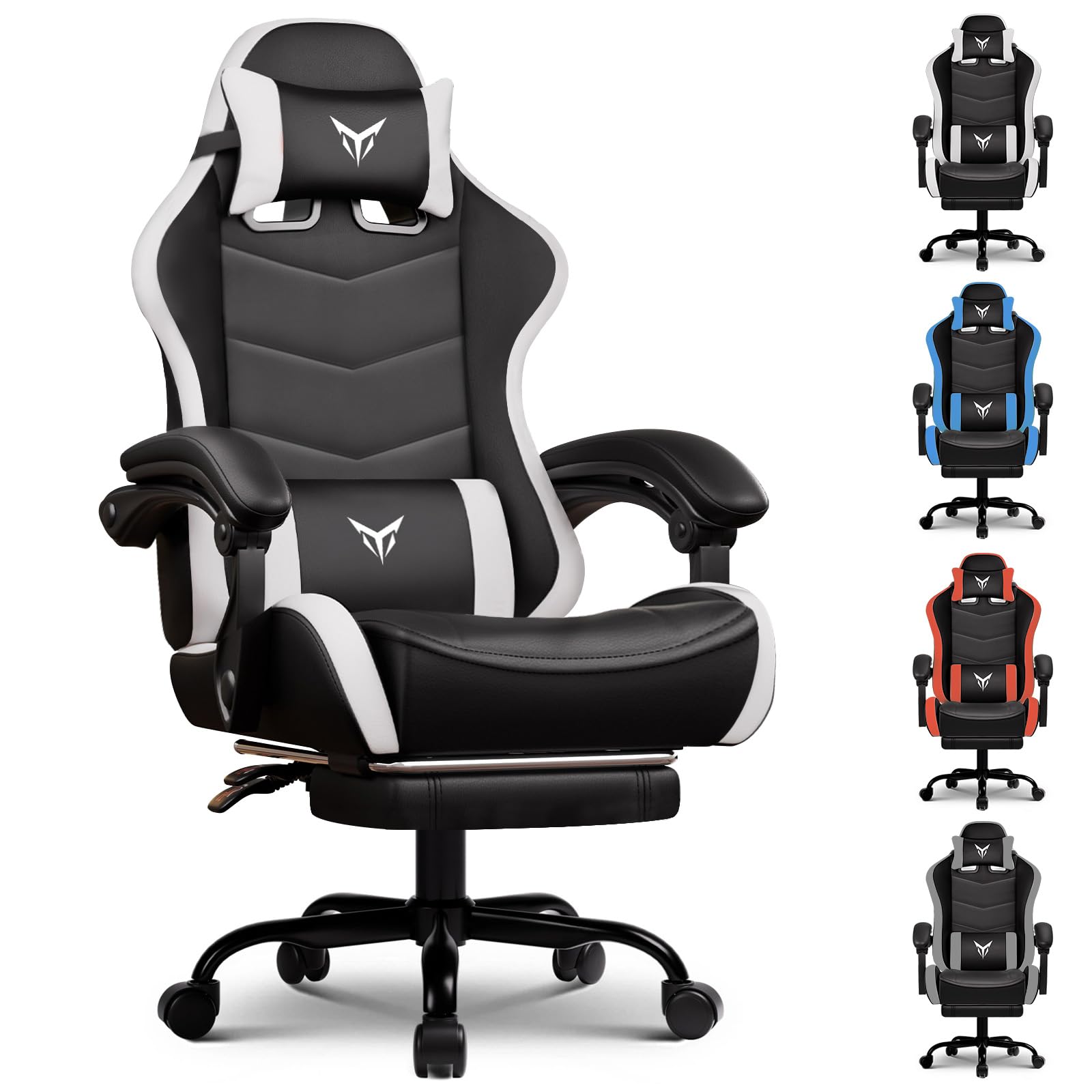 GTPLAYER Silla de Gaming Ergonómica de Oficina, Silla de Juego con Reposapiés, Reposacabezas y Soporte Lumbar Ajustables, Sillón Gamer, Blanco