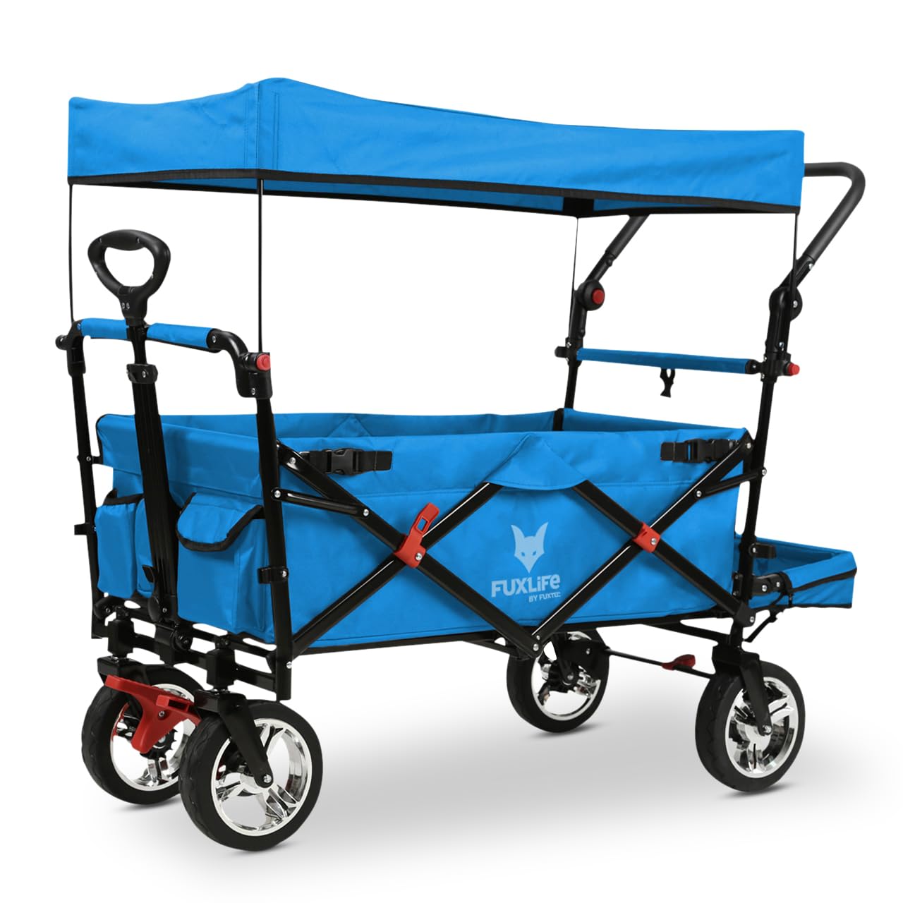 FUXLIFE Bollerwagen FX-CT800 Komfort faltbar - Türkis • Kinder Transportwagen mit Sonnendach • gepolsterte Innenraumverlängerung • robuste Räder • kompakt klappbarer Handwagen