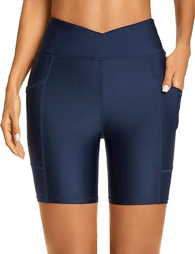 Lecieldusoir Pantalones cortos de natación para mujer cintura alta pantalones cortos de traje de baño con bolsillos UPF50