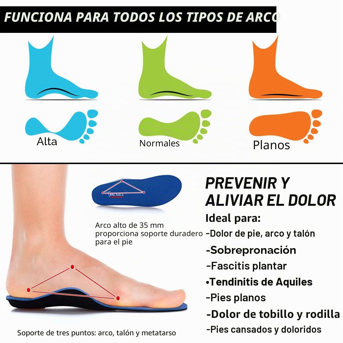 VALSOLE Plantillas Ortopédicas soportes de arco y talones la absorción de choque- para el dolor de talón, pie plano, Fascitis Plantar, dolor de rodilla y espalda