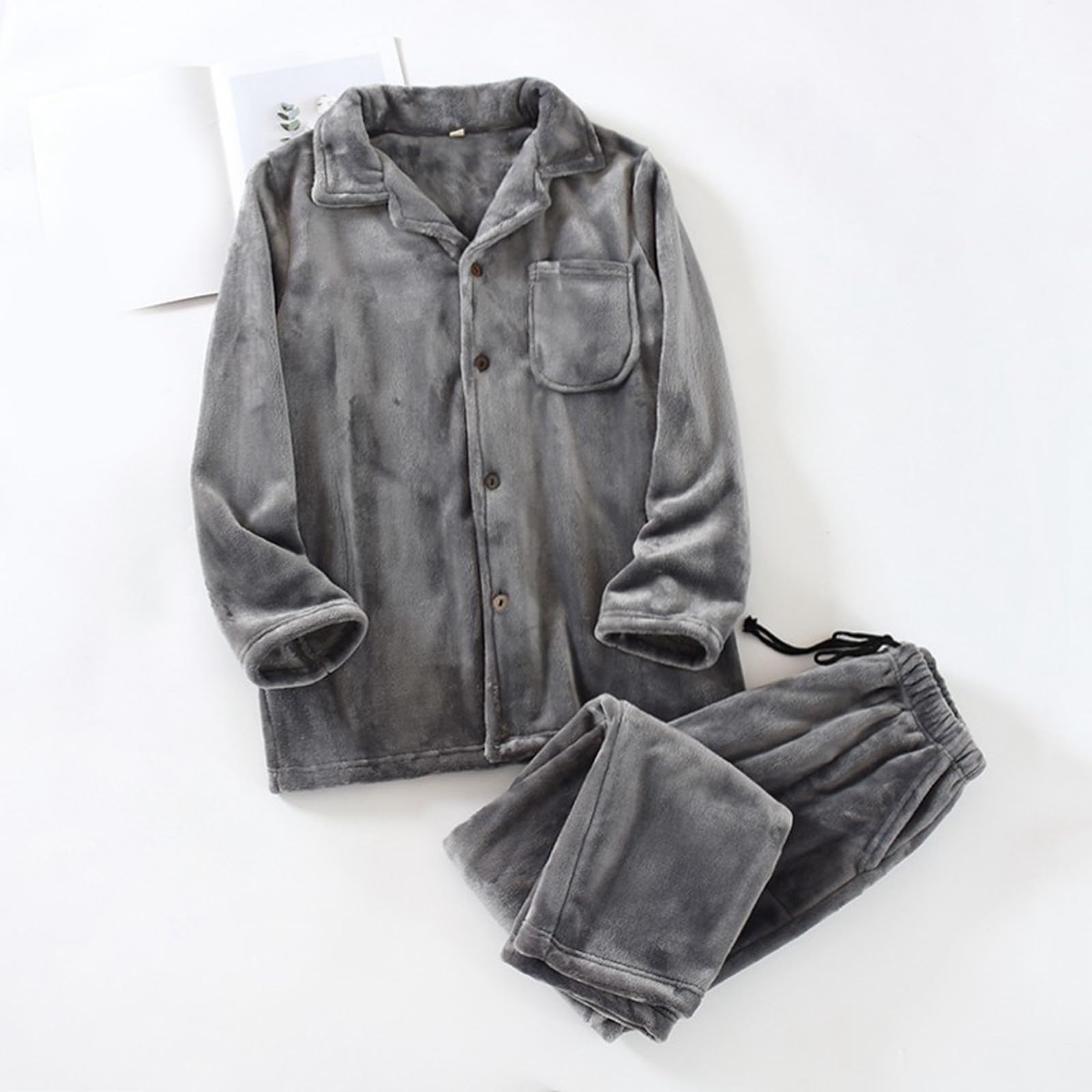 Pijama de franela para hombre, de forro polar, peso pesado, 2 piezas, juego de pijama + pantalones de pijama largos con botones y cuello de solapa, ropa de dormir