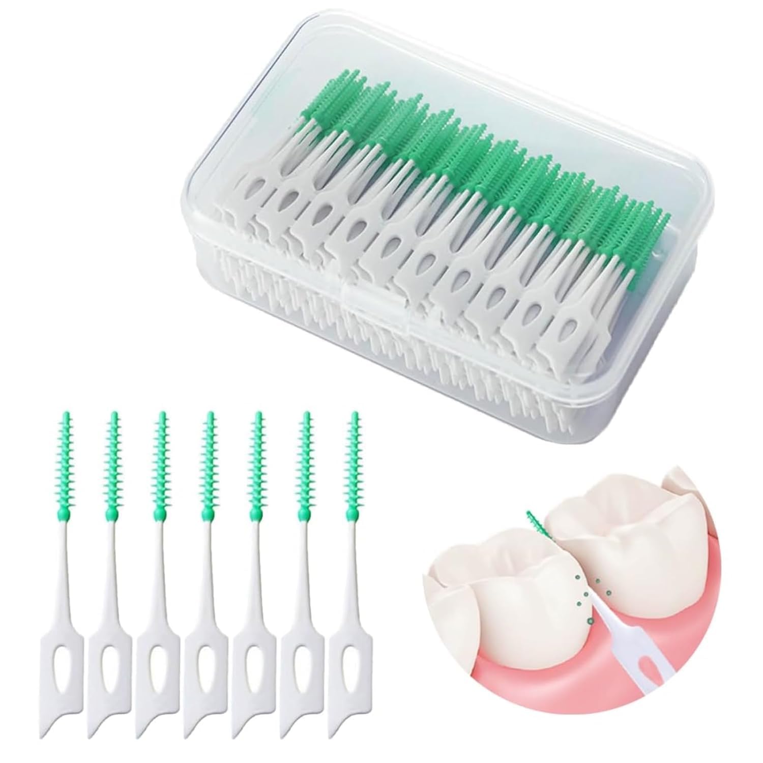 Sunkizzrs® 140-Pcs Interdental Brush for Teeth Cleaning—Portable Dual-Use Interdental Brushes—Silicone Head Safe Brace Interdental Brush—Tooth Floss Sticks for Plaque Removal & Teeth Oral Dental Care (Green)