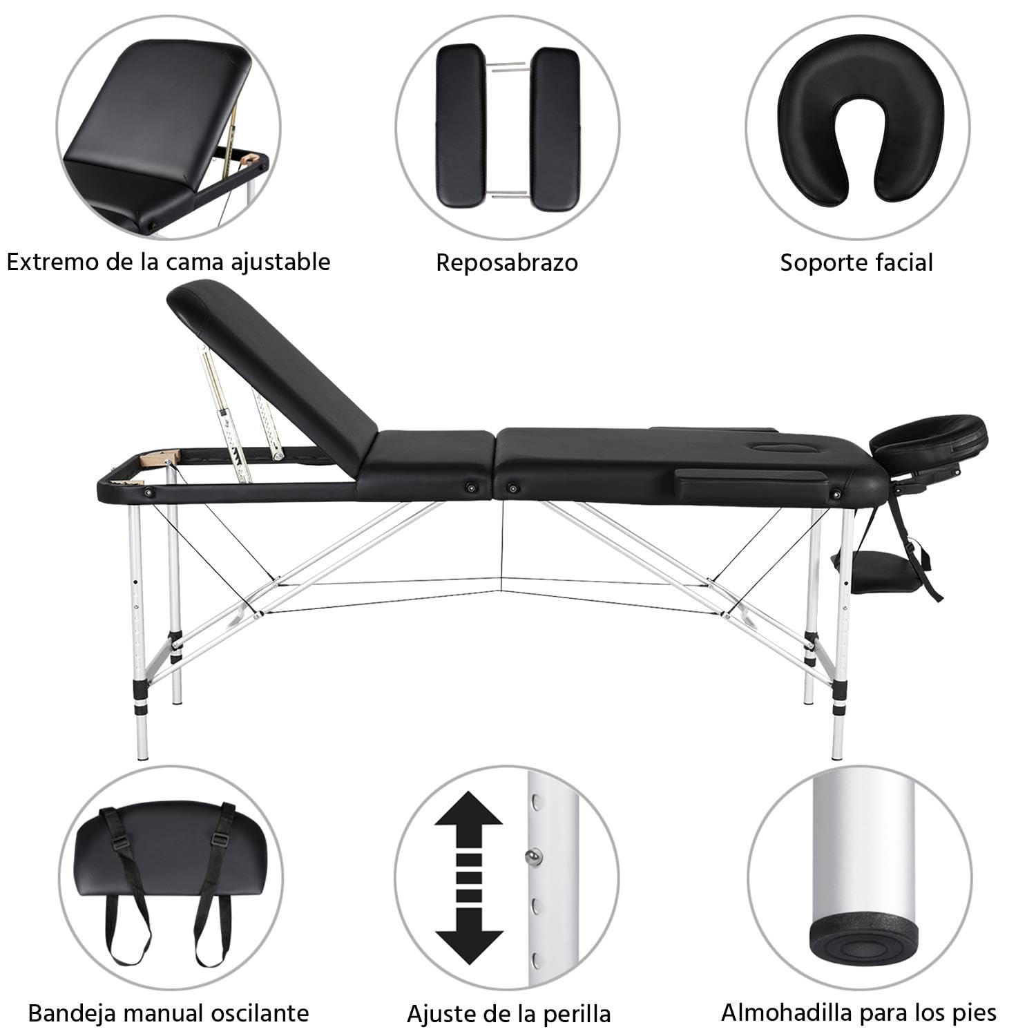 Yaheetech Camilla Masaje Plegable de 3 Zonas 213x82x(67.5-89) cm Portátil Cama Masaje Estetica con Bolsa de Transporte Altura Ajustable Apoyacabezas Desmontables para Tatuaje