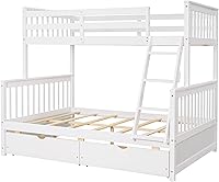 Vista 126 de Harper & Bright Designs Litera de tamaño matrimonial sobre matrimonial con 3 cajones, litera de madera maciza con almacenamiento y riel