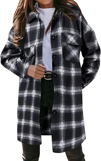 Lolvmvchi Womens Sherpa Lined Flannel WomenS Overcoat Classic Button Down Plaid Printed Winter Lined Lapel Coat Shirts