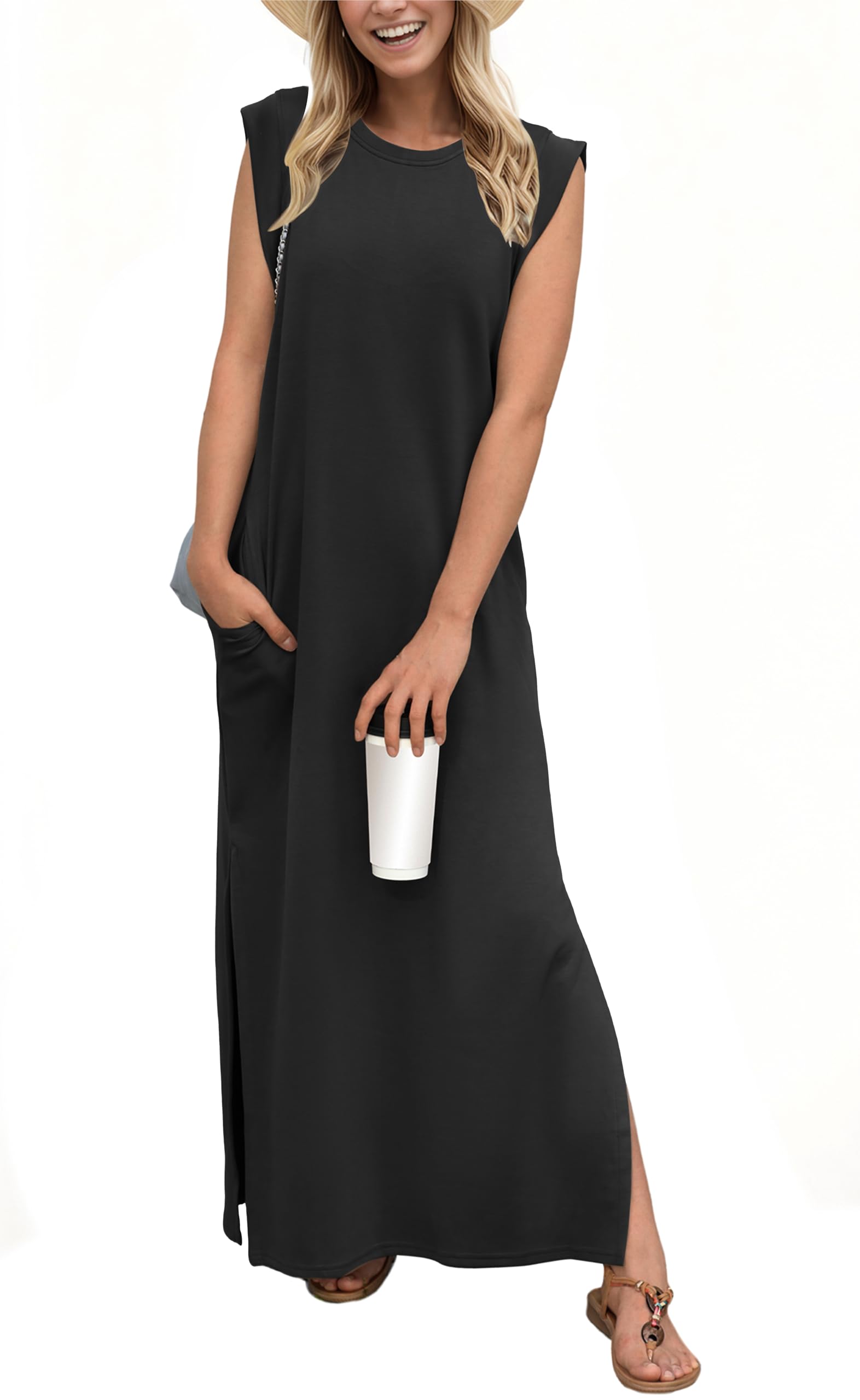 GRECERELLE Womens Summer Dresses Round Neck Sleeveless Maxi Dress Casual Loose Split Long Beach Sundress with Pockets