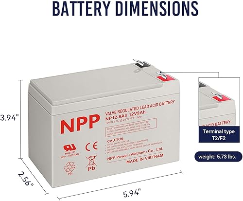 Miniatura 4 de NPP Batería AGM SLA recargable de 12 V 9 Ah con terminales F2 para UPS APC, Razor E200 E200s E225 E300, sistema de respaldo Cyberpower, scooter