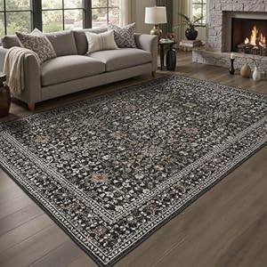 DCX Machine Washable Black Area Rug 4x6, Non Slip Stain Resistant Vintage Floral Rug for Living Room Bedroom Dining Room, Soft Low Pile Large Carpet 4' x 6' (Rectangular) Vintage Black